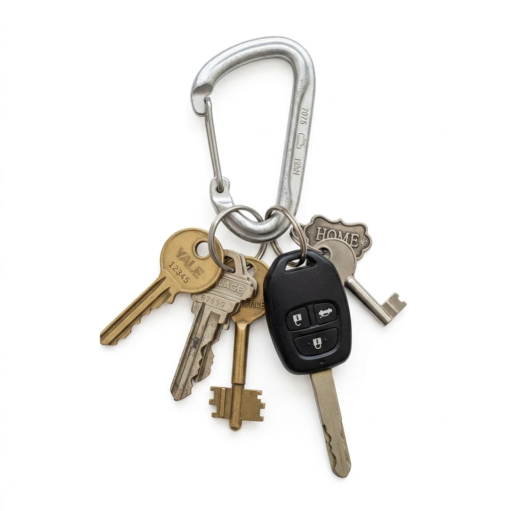 Keychain with various house and car keys on white background