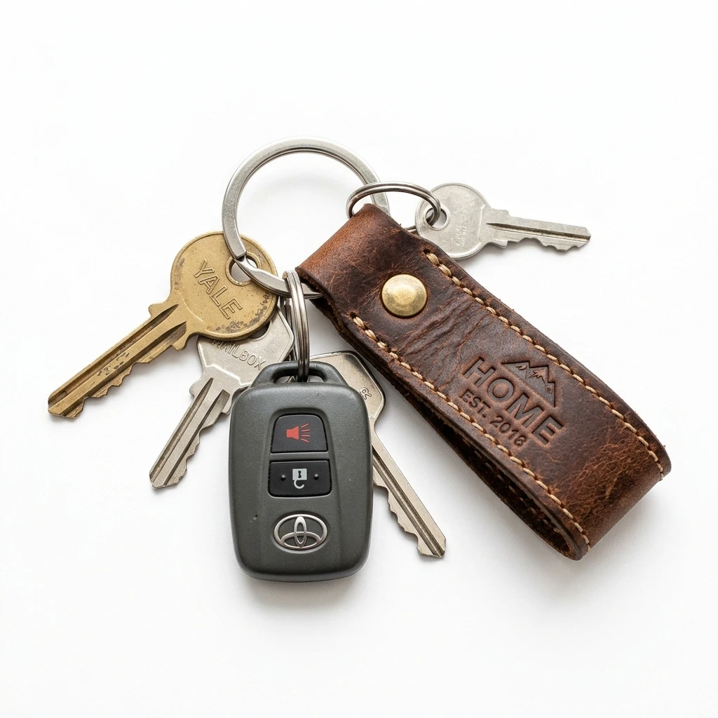 Car and house keys with personalized leather home keychain