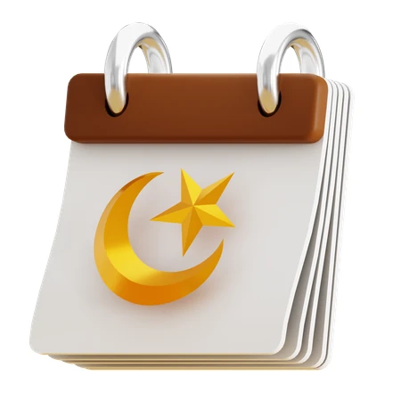 3D Islamic calendar icon with golden crescent moon and star