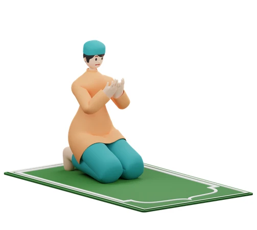 3D illustration of a Muslim man praying on a rug