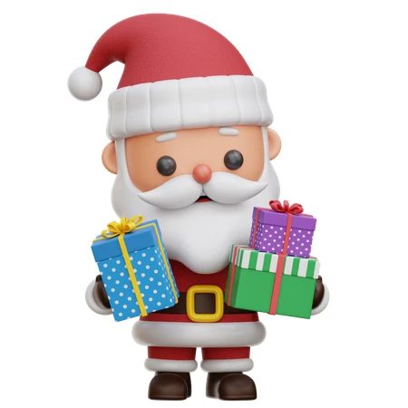 3D cartoon Santa Claus character holding colorful Christmas gift boxes