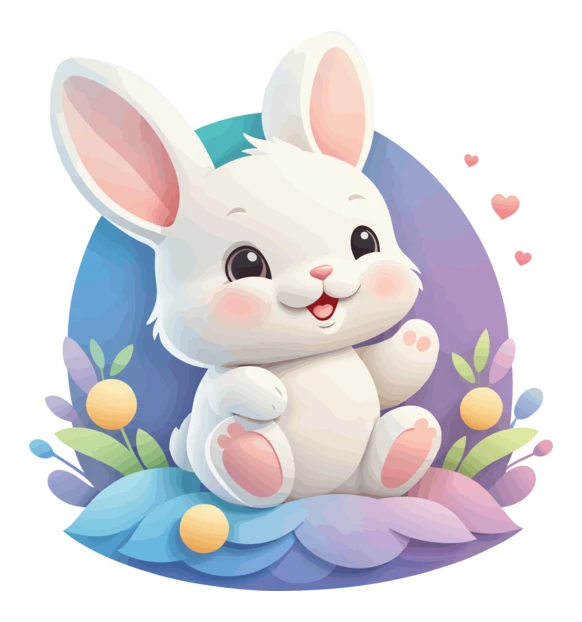 Cute cartoon white rabbit sitting on colorful pastel leaves