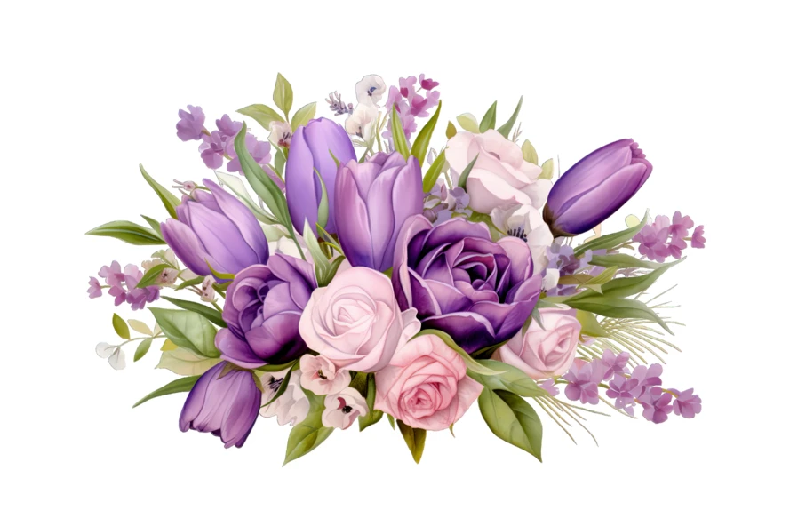Purple tulips and pink roses floral bouquet illustration