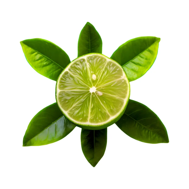 Fresh lime slice with green leaves isolated on white