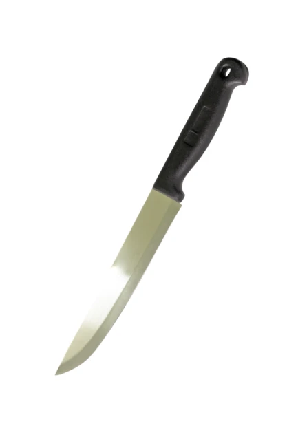 Sharp kitchen knife with black handle on white background