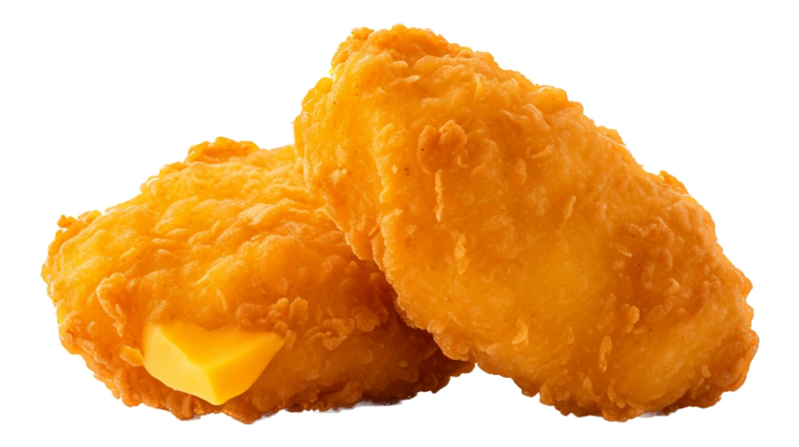 Two crispy fried nuggets with melted cheddar cheese inside
