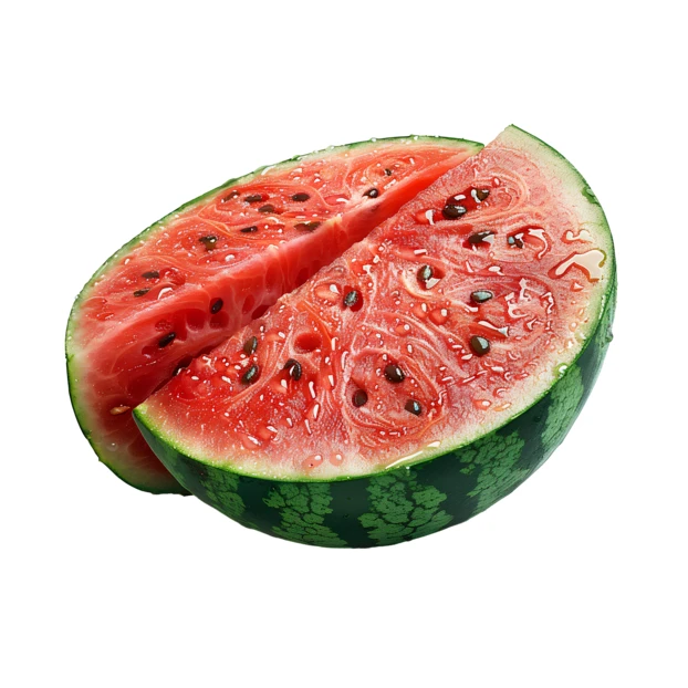 Two halves of a fresh red watermelon with seeds