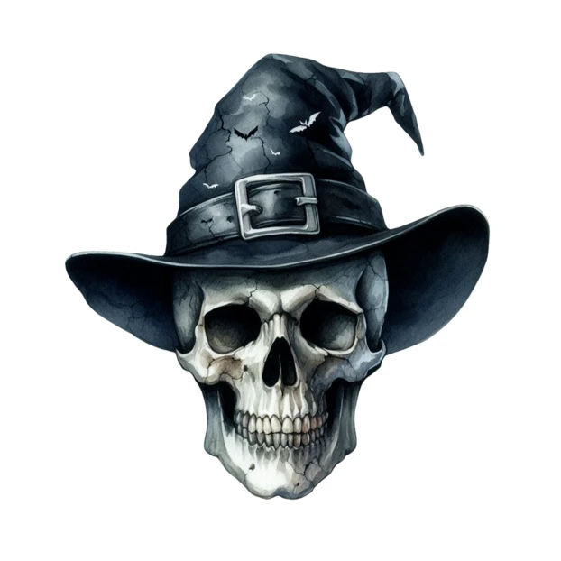 Human skull wearing a black witch hat on white background
