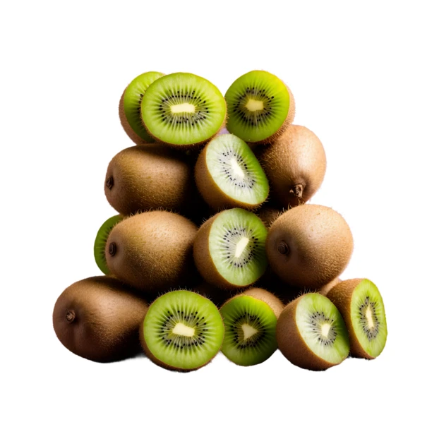 Stack of whole and sliced kiwi fruit on white background
