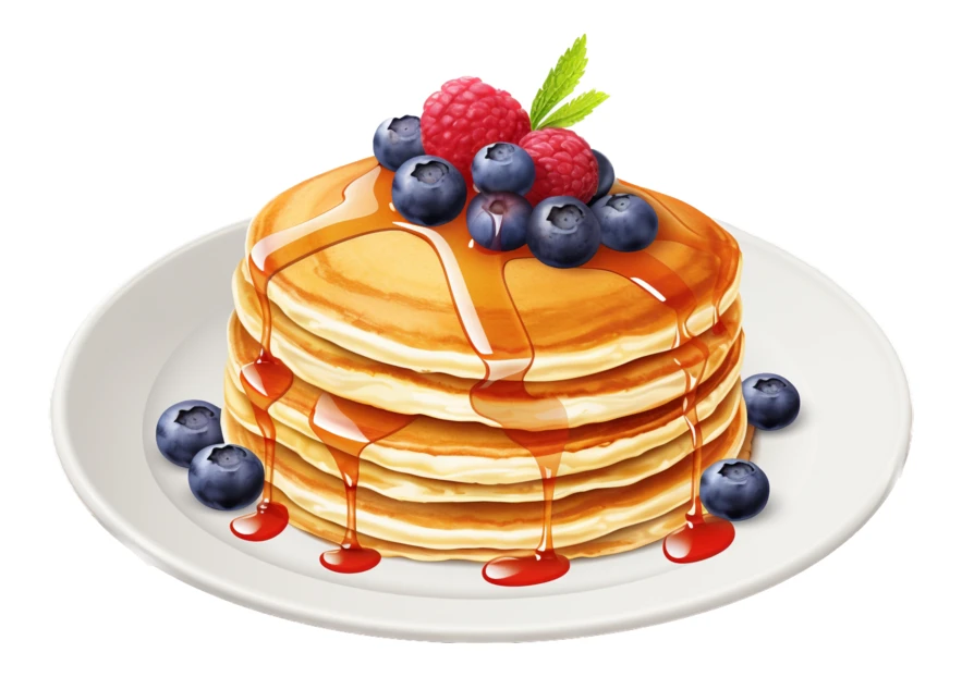 Stack of pancakes with maple syrup and fresh berries