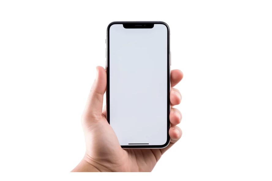 Hand holding smartphone with blank white screen on white background