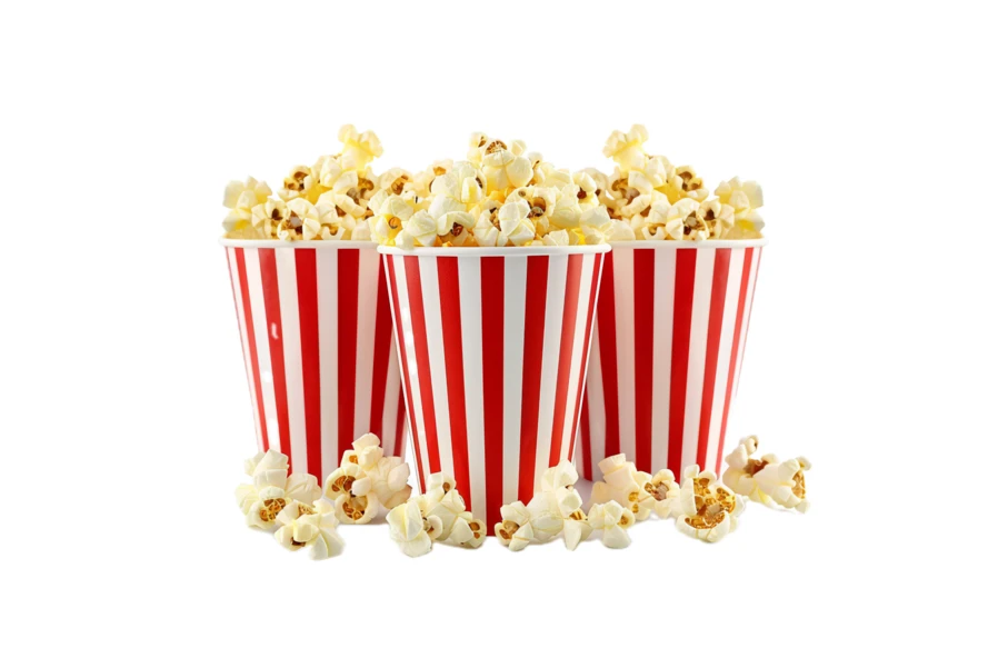 Three movie theater popcorn buckets isolated on white background