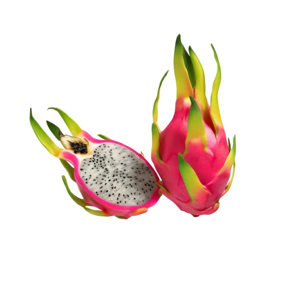 Whole and halved dragon fruit isolated on white background