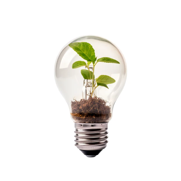 Green plant growing inside a glass light bulb