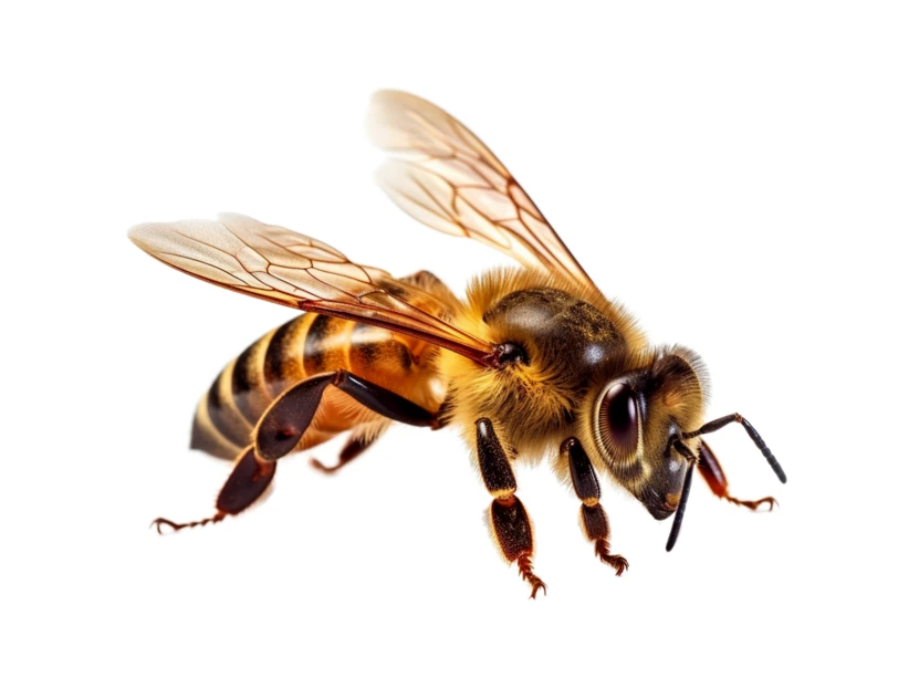 Macro shot of a honey bee isolated on white background