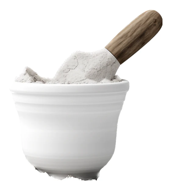 White ceramic bowl filled with powder and wooden scoop