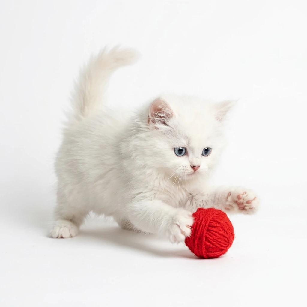 Fluffy white kitten playing with a red ball of yarn