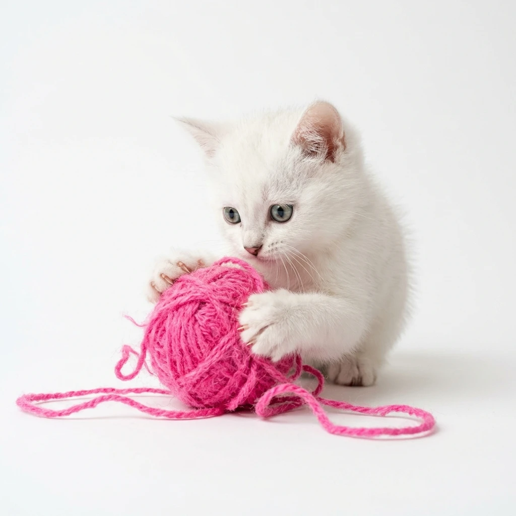 White kitten playing with a pink yarn ball