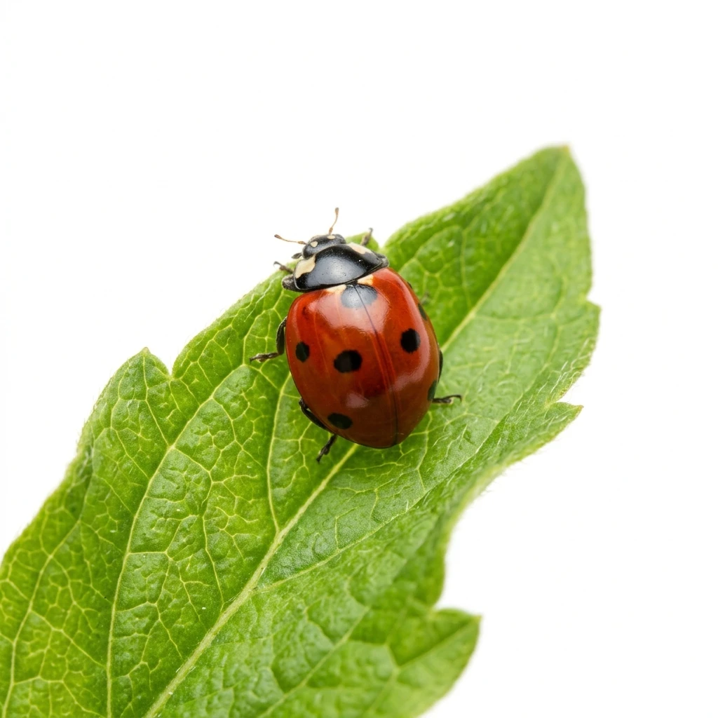Red ladybug on a green leaf isolated on white