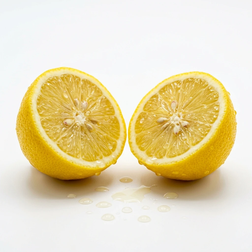 Two fresh lemon halves on white background with water droplets