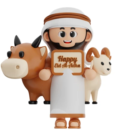 3D Muslim character with sacrificial animals for Happy Eid Al-Adha