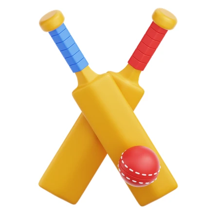 3D stylized crossed cricket bats and red ball icon