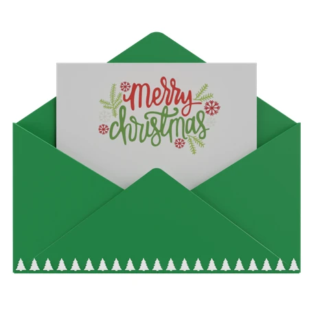 Merry Christmas greeting card inside an open green envelope