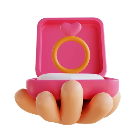 3D hand holding open ring box with heart-shaped ring