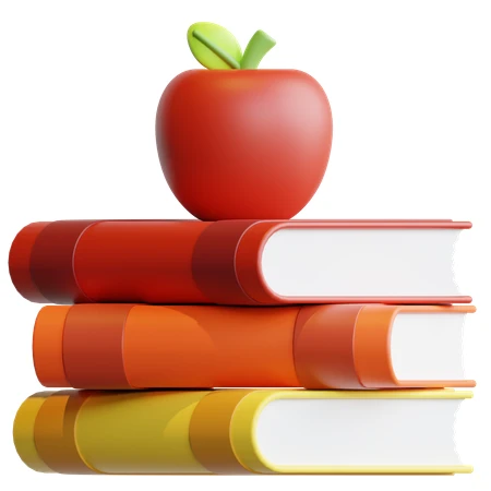 3D illustration of red apple on stack of colorful books