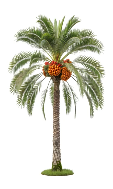 Date palm tree with clusters of orange fruit isolated