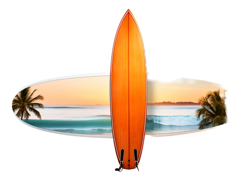 Orange surfboard with tropical beach scene isolated on white