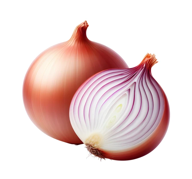 Whole and halved red onion isolated on white background