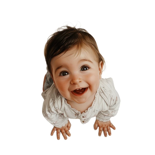 Happy smiling baby girl crawling on white background looking up