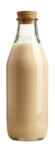 Glass bottle of plant-based milk with a cork stopper