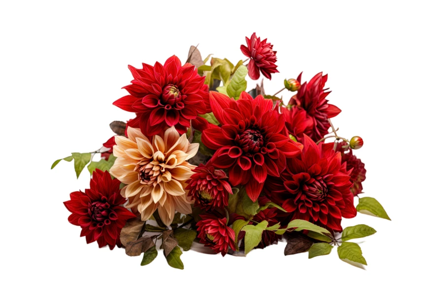 Bouquet of red and cream dahlia flowers on white background