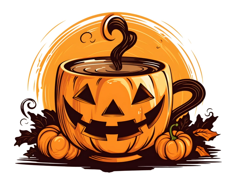 Halloween jack-o-lantern pumpkin mug with steaming coffee illustration
