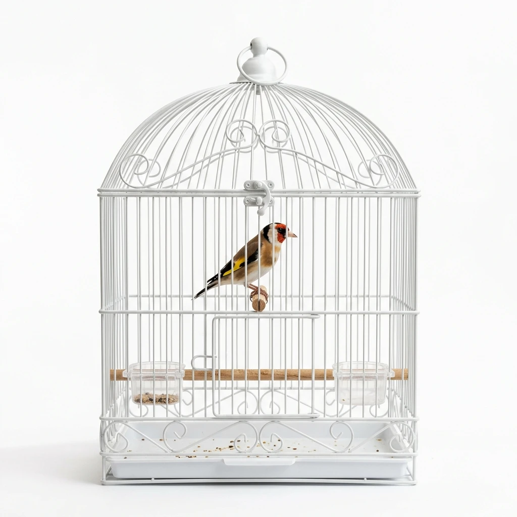 European goldfinch perched inside an ornate white birdcage