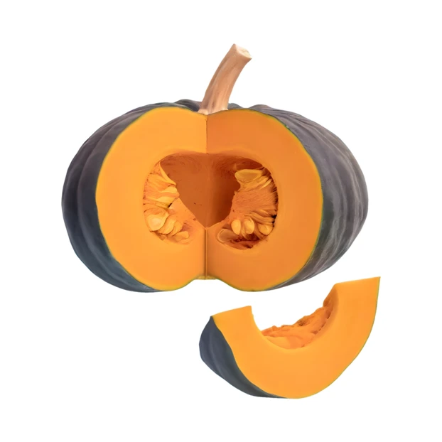 Kabocha squash cut open with slice isolated on white background