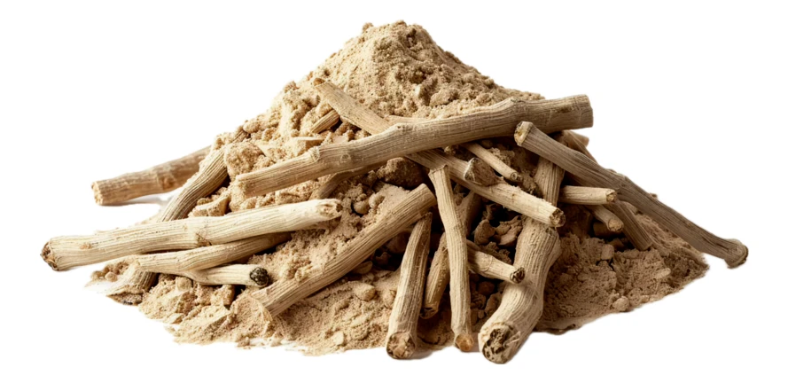 Ashwagandha roots and powder isolated on white background