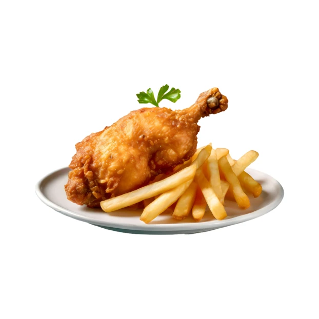 Crispy fried chicken drumstick and french fries on white plate