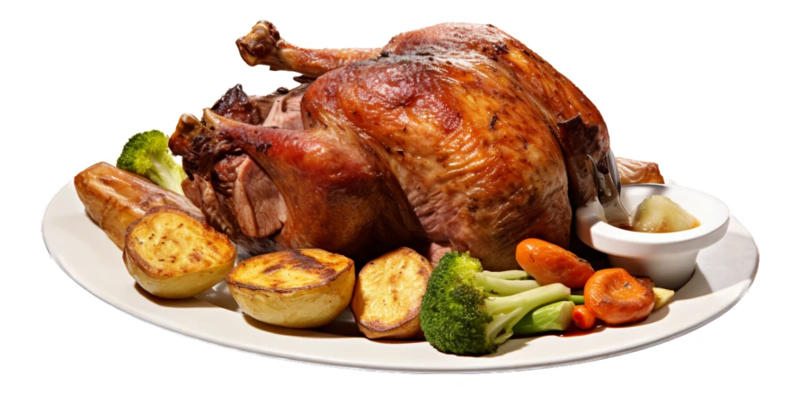 Roasted turkey dinner with potatoes and broccoli isolated