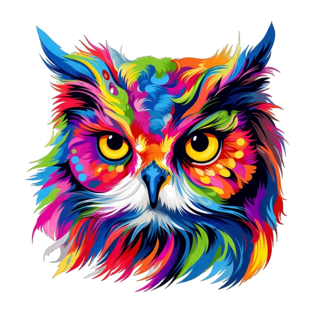 Colorful stylized owl head illustration on white background