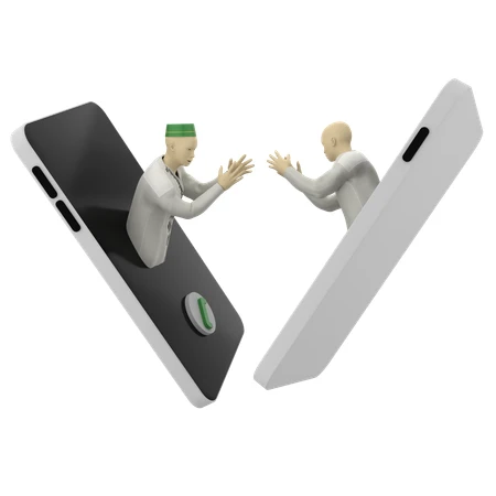 3D rendering of people greeting through smartphones for Eid