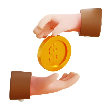 3D cartoon hands exchanging a gold dollar coin