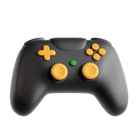 3D render of a black game controller with orange buttons