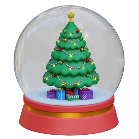 3D rendered Christmas snow globe with decorated tree and gifts