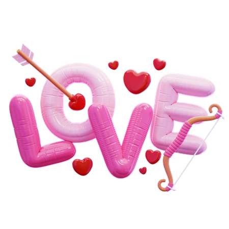 3D pink balloon LOVE text with Cupid bow and hearts