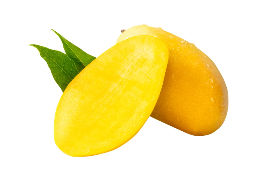 Fresh yellow mango fruit with slice and green leaves