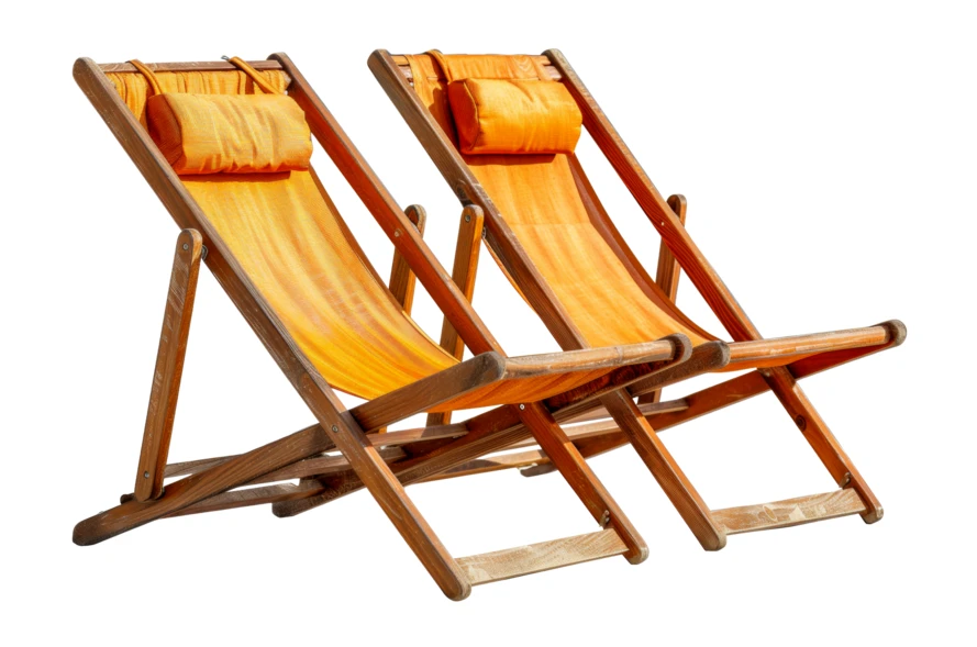 Two orange striped wooden deck chairs isolated on white