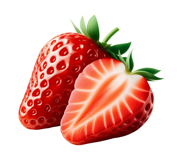 Fresh whole strawberry and half slice isolated on white